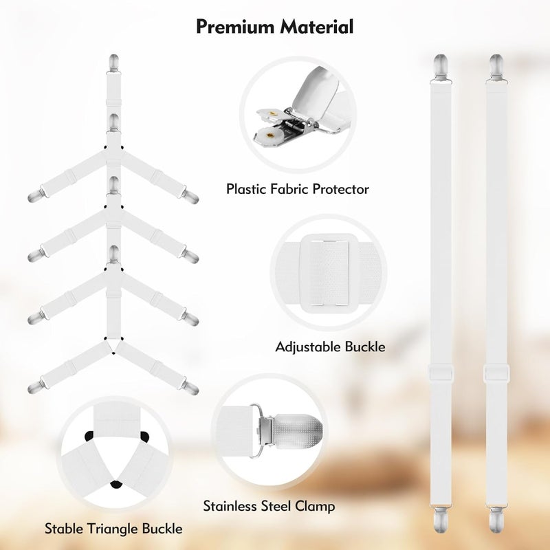 Eiruseed Bed Sheet Holder Straps, 4+2 Pcs Adjustable Mattress Sheet Clips, Bed Sheet Fasteners Elastic Sheet Suspenders to Keep Bed Sheet in Place for Different Beds (White) - Image 5